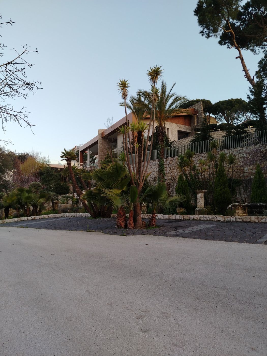 Palms and stone-edged cobble entrance below the villa
